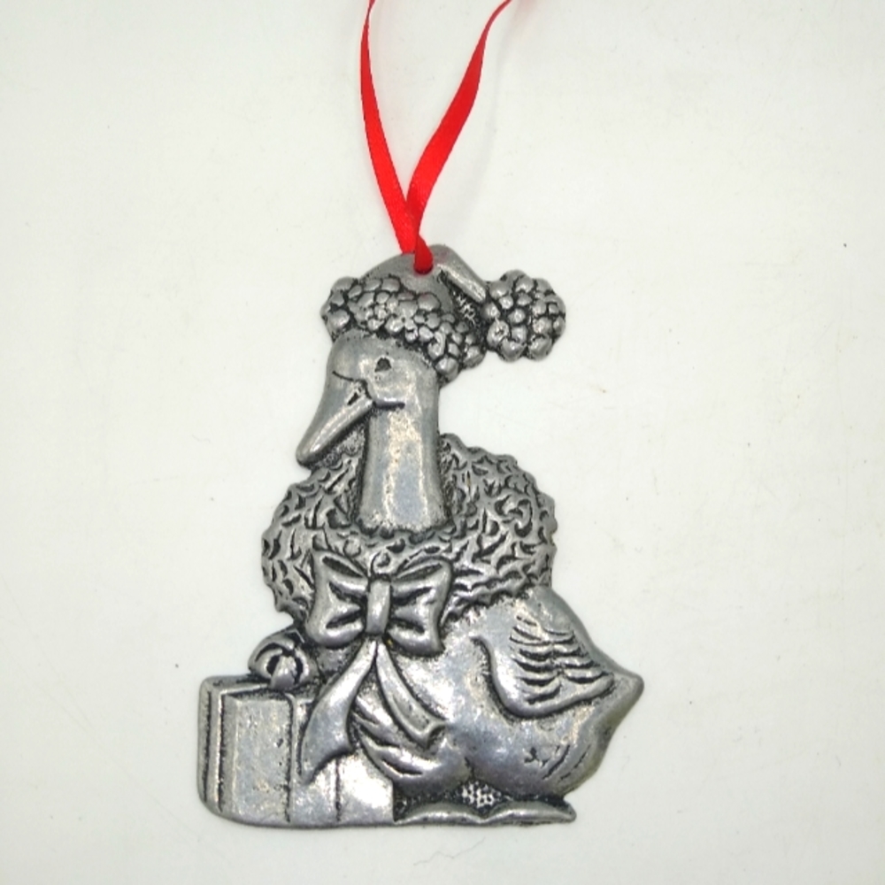 Pewter Christmas Goose Ornament with Wreath and Gift Vintage